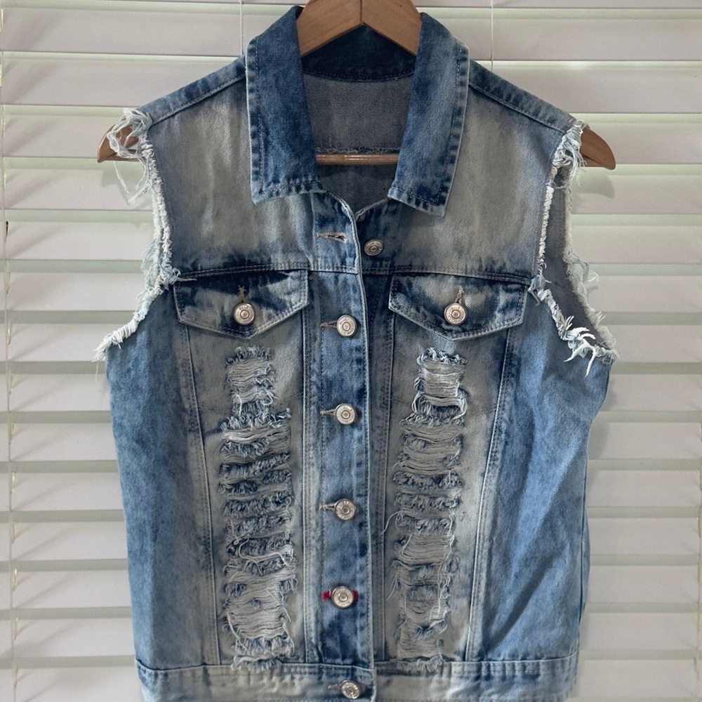 Denim Sleeveless Distressed Vest